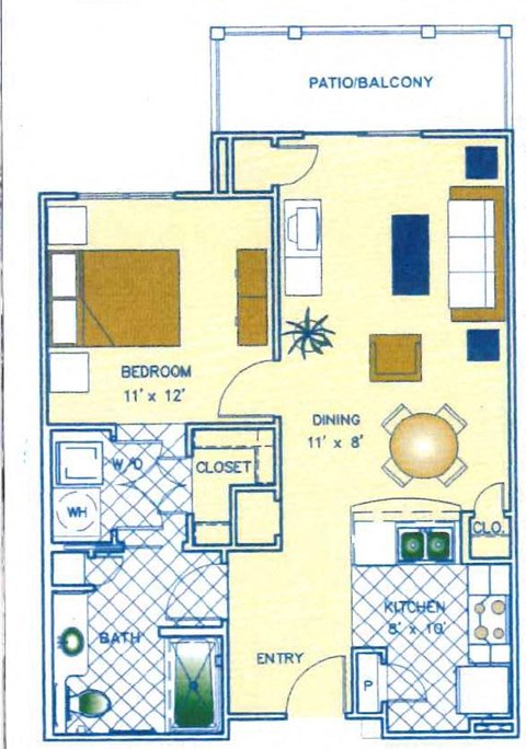 Floor plan for 1 bed, 1 bath, 800 sqft